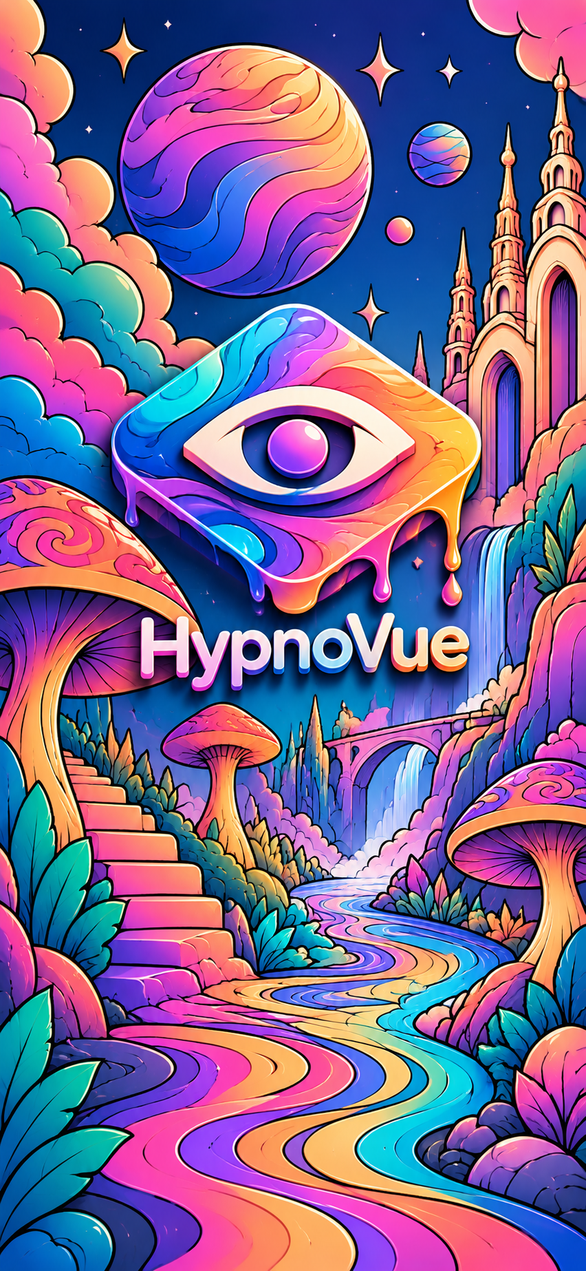 HypnoVue artwork: a vivid cosmic world of floating planets, an eye, winding rivers and mushroom stairways